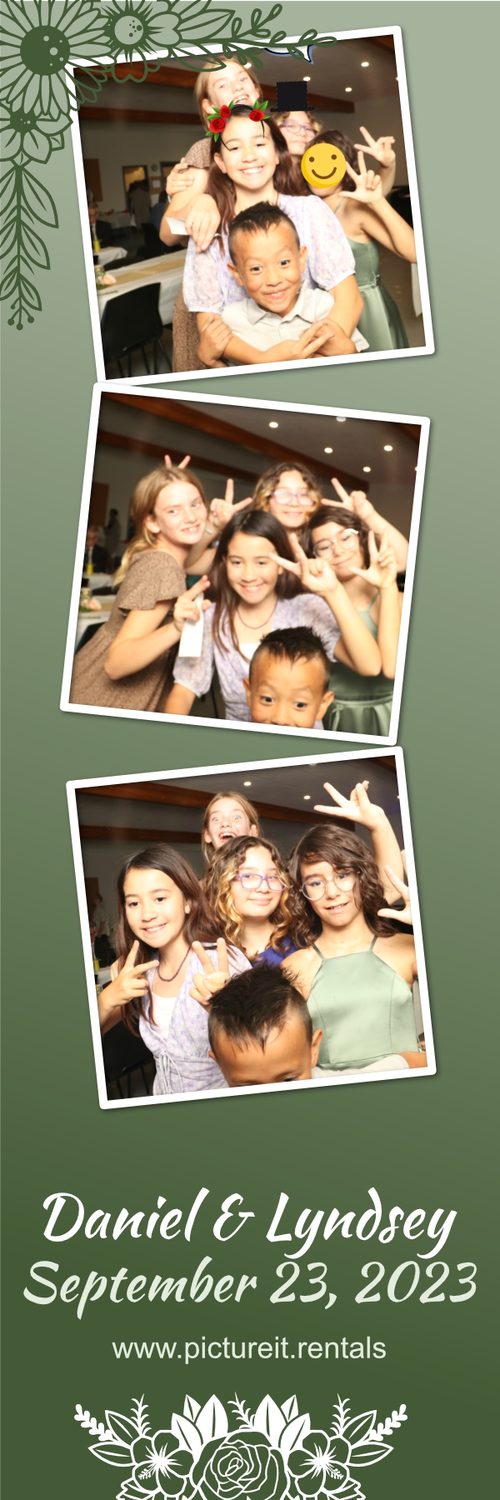 A wedding photo strip with a floral overlay
